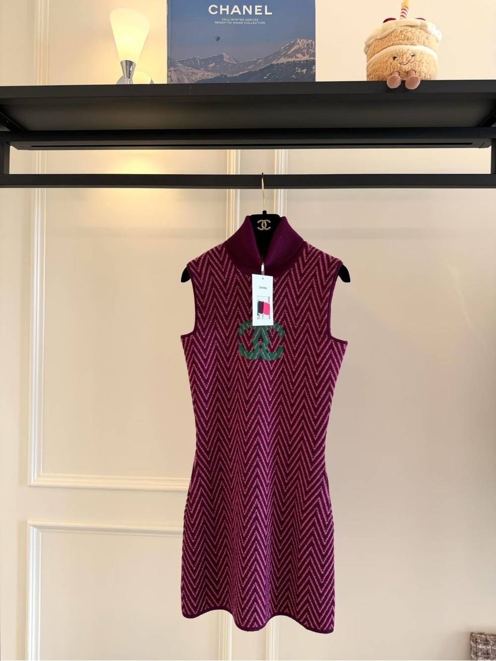 CHANEL Sleeveless Chevron Knit Dress in Plum with Green Logo